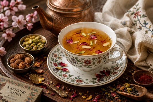 Freshly brewed Kashmiri Kahwa Green Tea served with saffron, spices, and almonds alongside premium tea leaves, showcasing the journey from carefully sourced ingredients to a warm and aromatic cup.