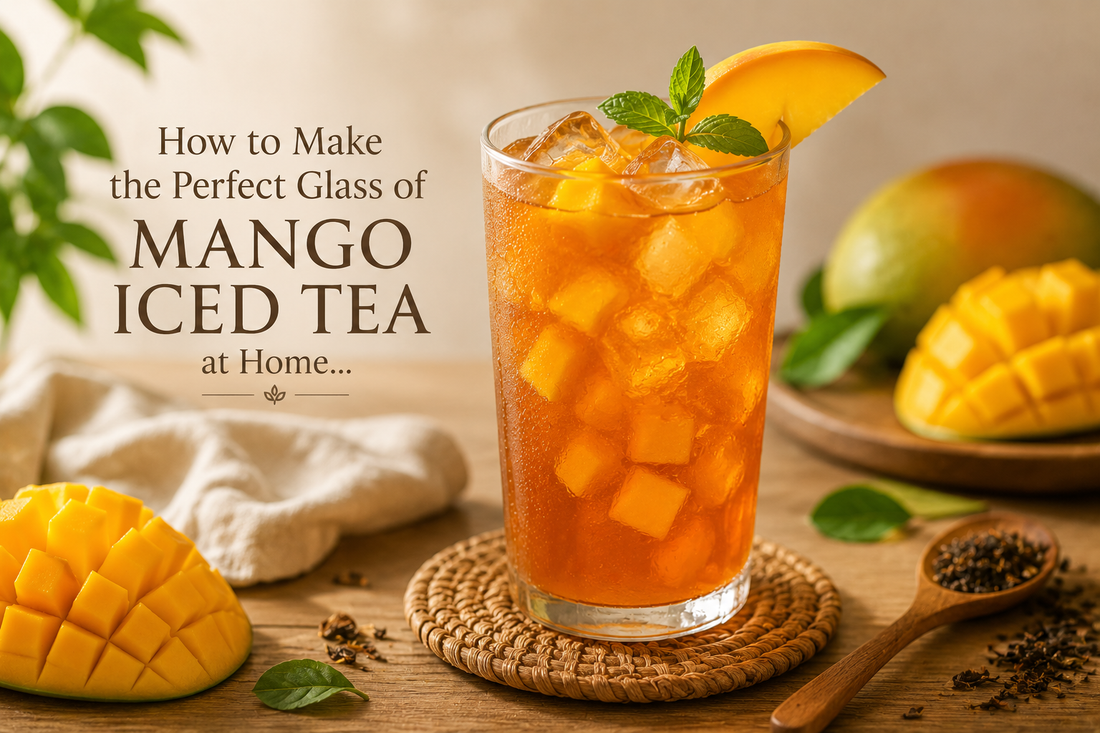 A refreshing glass of mango iced tea filled with ice cubes, fresh mango slices, and tea leaves, served in a bright summer setting, showcasing a homemade tropical tea beverage.