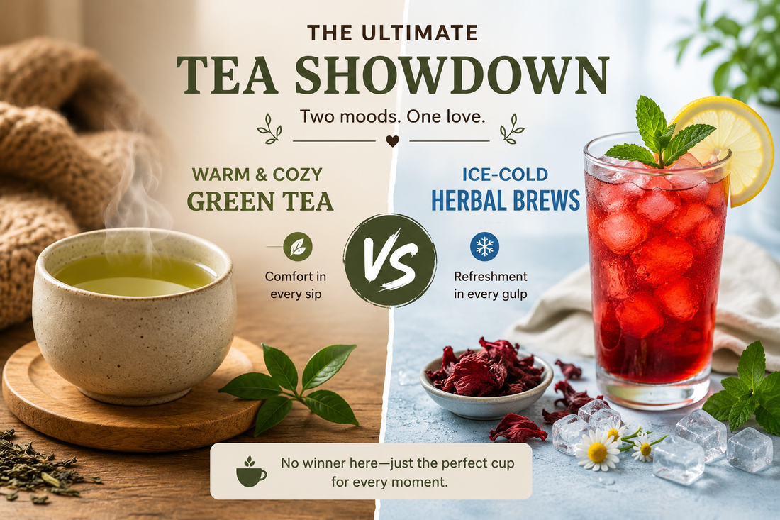 A side-by-side display of a steaming cup of green tea and a refreshing glass of iced herbal tea with herbs and fruit, highlighting the contrast between warm comfort and cool refreshment.