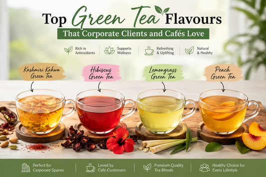 Premium green tea flavours including Kashmiri Kahwa, Hibiscus, Lemongrass, and Peach Green Tea served in elegant cups for cafés and corporate spaces.