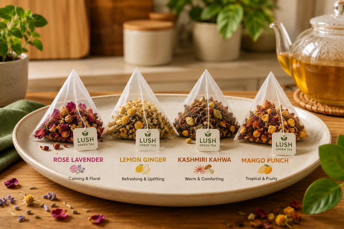 Eco-friendly tea packaging with biodegradable pyramid tea bags, sustainable tea products, and environmentally friendly business solutions by Lush Green Tea.