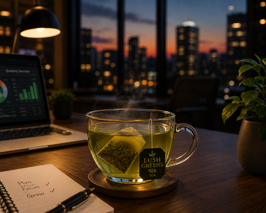 Premium Lush Greens Tea display featuring Kashmiri Kahwa, Hibiscus, Chamomile, and Blue Tea served in elegant cups within a modern office and hospitality setting, highlighting wellness and luxury tea experiences.