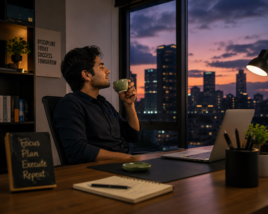 A professional relaxing in a modern office during the evening, enjoying a warm cup of green tea while overlooking a city skyline at sunset. 