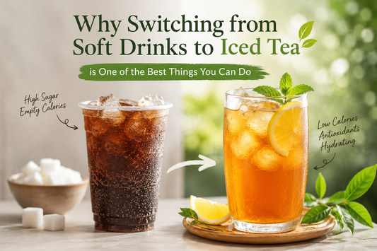 Refreshing glass of iced tea with lemon and ice cubes placed beside a discarded soft drink, highlighting a healthier beverage choice for hydration, wellness, and reduced sugar intake.