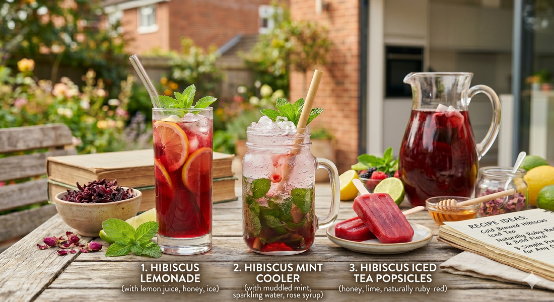 Three vibrant hibiscus iced tea recipes featuring fresh fruits, herbs, and ice cubes, beautifully arranged on a table, showcasing creative and refreshing drinks made with Lush Greens Hibiscus Iced Tea.