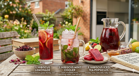 Three vibrant hibiscus iced tea recipes featuring fresh fruits, herbs, and ice cubes, beautifully arranged on a table, showcasing creative and refreshing drinks made with Lush Greens Hibiscus Iced Tea.